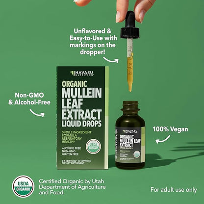 Mullein Drops for Lungs - USDA Organic Liquid - Respiratory Health and Lung Support Supplement - 2 Fl Oz - Vegan, Non-GMO, and Alcohol Free Formula - Daily Herbal Tincture - 2 Month Supply
