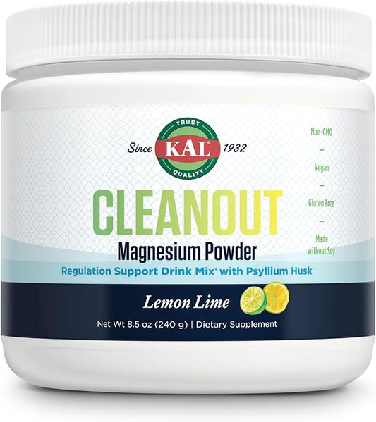 KAL Cleanout Magnesium Plus Psyllium Husk Powder - Lemon Lime - Magnesium Oxide with Fiber Supplement - Regulation Support Drink Mix - No Sugar - 60-Day Guarantee, 40 Servings, 8.5 OZ