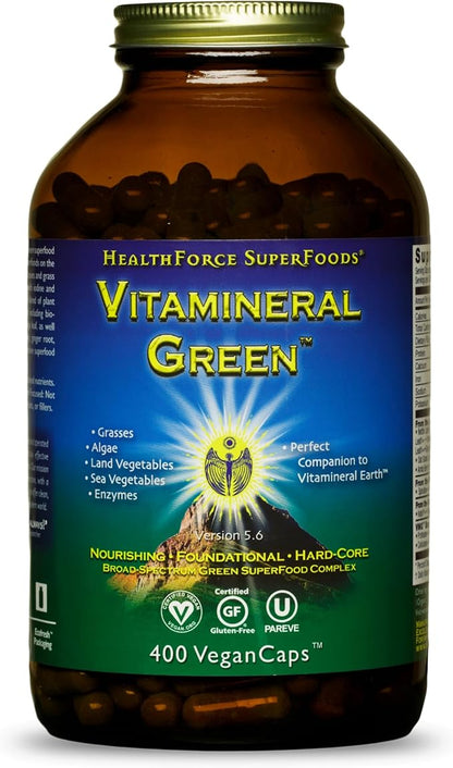 HealthForce SuperFoods Vitamineral Green - Mineral Supplement for Immune & Thyroid Support - Green Powder Supplement with Ingredients from The Land - Gluten-Free & Vegan - 400 Capsules