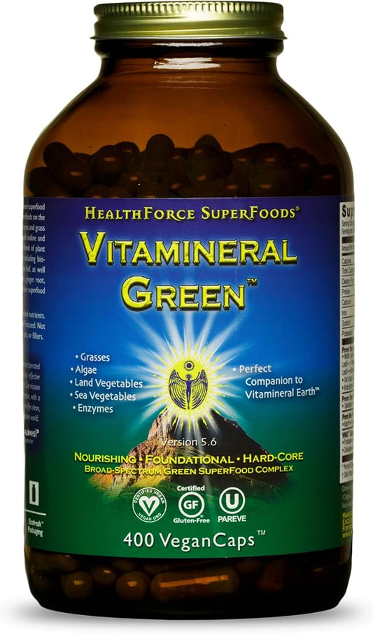 HealthForce SuperFoods Vitamineral Green - Mineral Supplement for Immune & Thyroid Support - Green Powder Supplement with Ingredients from The Land - Gluten-Free & Vegan - 400 Capsules