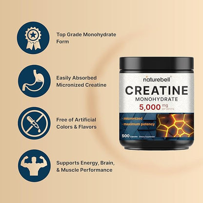 Micronized Creatine Monohydrate Capsules – 5,000mg Per Serving, 500 Count | Unflavored Creatine Pills for Pre Workout & Muscle Support – Easy to Swallow, Fast Absorbing (71 Servings)