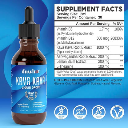Kava Kava Extract Liquid Drops with Ashwagandha Lemon Balm L-Theanine, High Potency Kava Root Extract Tincture Supplement for Relaxation, 2 Fl Oz