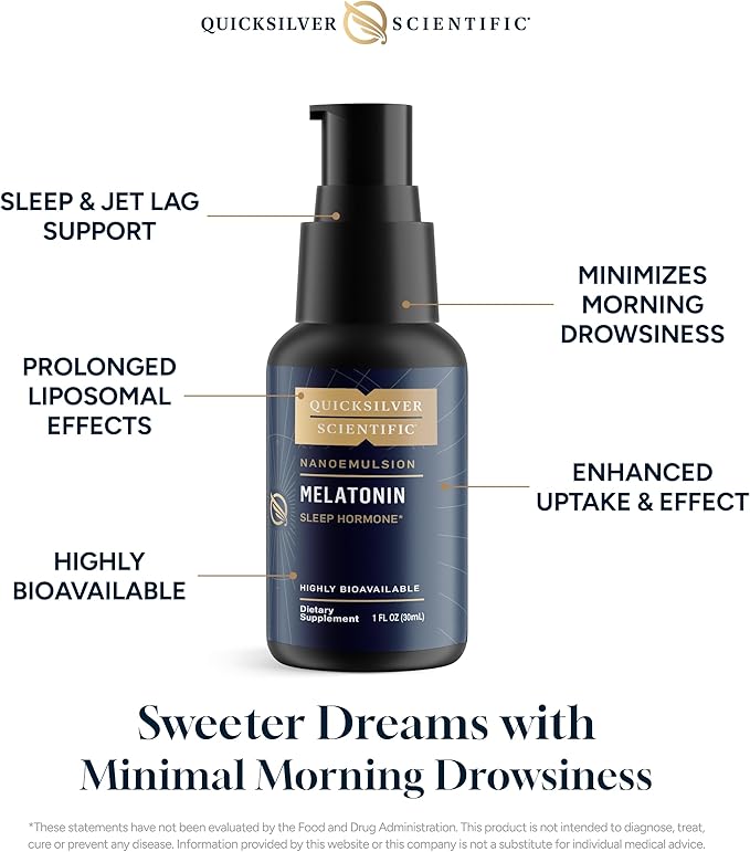 Quicksilver Scientific Liposomal Melatonin - Bedtime, Jet Lag & Immune Support Liquid for Adults - Efficient, Superior Absorption 1mg Melatonin to Minimize Morning Drowsiness (30 ml)
