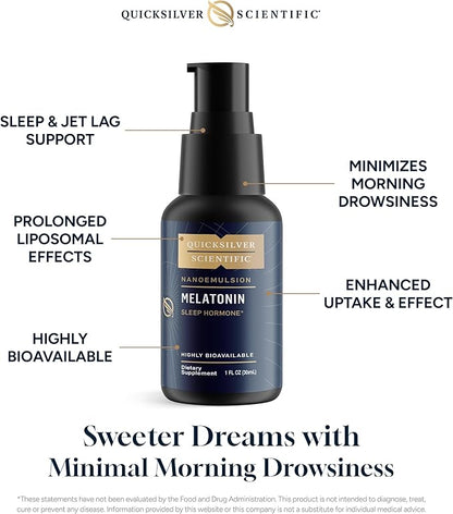 Quicksilver Scientific Liposomal Melatonin - Bedtime, Jet Lag & Immune Support Liquid for Adults - Efficient, Superior Absorption 1mg Melatonin to Minimize Morning Drowsiness (30 ml)
