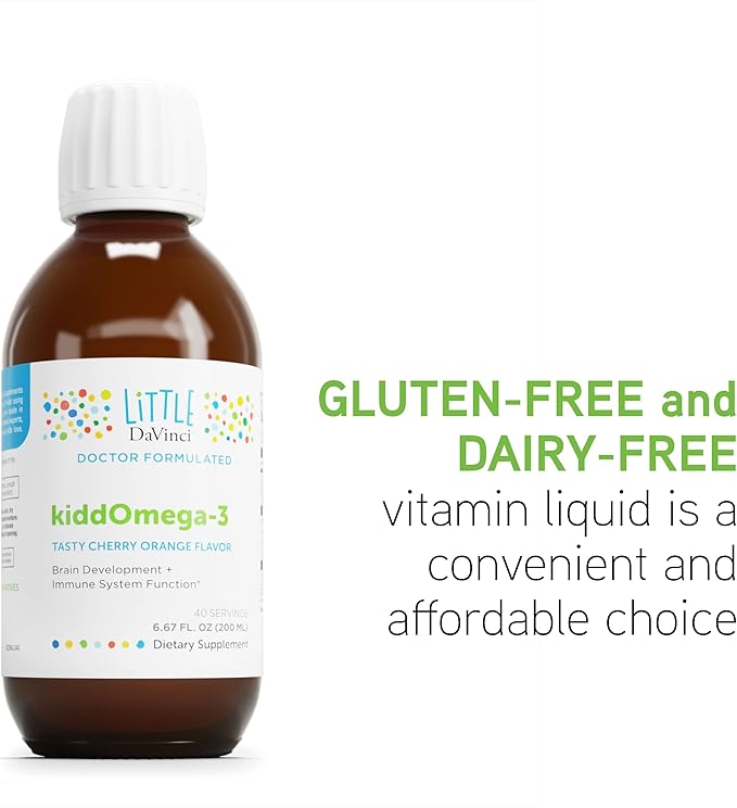 DAVINCI Labs kiddOmega-3 - Liquid Omega-3 Supplement for Kids - for Immune System, Focus and Brain Support* - with Monk Fruit, DHA, EPA and More - Cherry Orange Flavor - 200mL