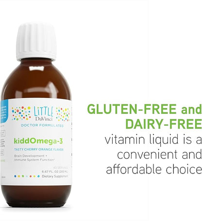 DAVINCI Labs kiddOmega-3 - Liquid Omega-3 Supplement for Kids - for Immune System, Focus and Brain Support* - with Monk Fruit, DHA, EPA and More - Cherry Orange Flavor - 200mL