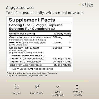 Quercetin with Vitamin C and Zinc - 500mg - Quercetin with Bromelain - Zinc Quercetin - 120 Veggie Caps - Elderberry with zinc and Vitamin c for Adults (Non-GMO, Vegan) 4 Months Supply