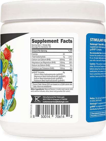 Ketologic Keto BHB (Strawberry Kiwi Flavor) 30 Servings - Exogenous Ketone Supplement with goBHB, Beta-Hydroxybutyrate Salts