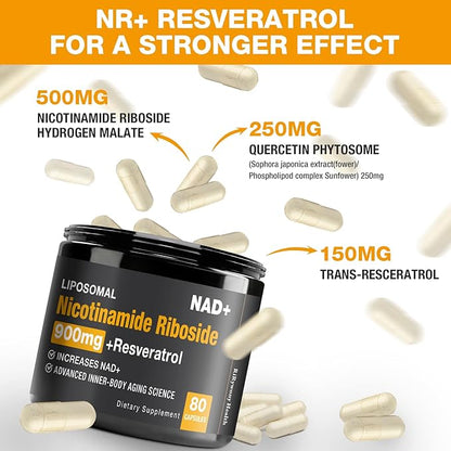 NAD Supplement - NAD+ with Nicotinamide Riboside (NR) and Resveratrol Quercetin 900mg Pure Organic NAD Plus for Cellular Repair Healthy Aging Brain Function, 80 Capsules