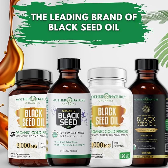 Mother Nature USDA Organic Black Seed Oil – Cold Pressed, Unrefined & Vegan Nigella Sativa, High Thymoquinone (2%+), Omega 3 6 9 for Immune, Joint & Heart Support, Hair & Skin, Non-GMO, 16oz