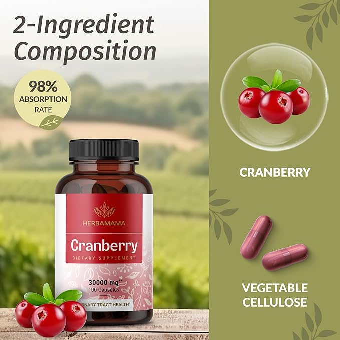 HERBAMAMA Cranberry Extract Capsules - 30,000mg Cranberry Powder for Urinary Tract Support - Vegan, Non-GMO Bladder Support Supplement, 100 Caps