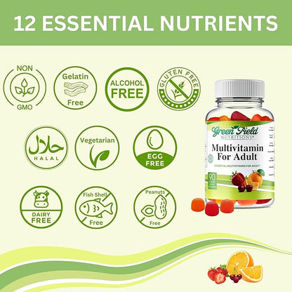Greenfield Nutritions Halal Multivitamins for Adults | 90 Halal Vitamins for Women & Men | All Essential Gelatin Free Halal Gummy Vitamin, Mineral, Folic Acid, Biotin, Gluten Free, Non-GMO, Vegetarian