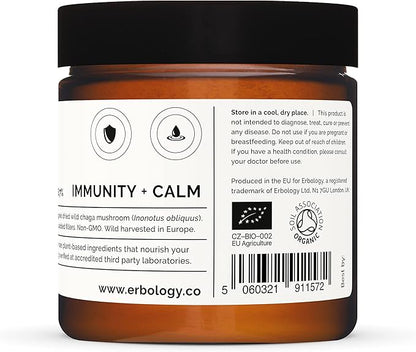 Erbology Organic Chaga Mushroom Powder 50 Servings - 7% Beta-glucans - Immunity Support - Inonotus Obliquus - Small Batch - Sustainably Wild Harvested in Finland - Vegan - Non-GMO - No Added Fillers