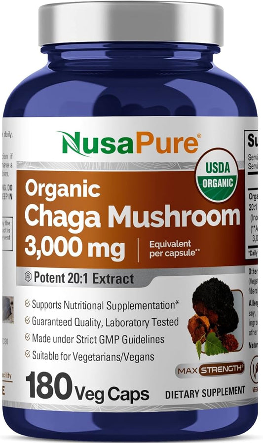 NusaPure Chaga Mushroom 20:1 Extract, 150 mg Equivalent to 3,000mg per Veggie Capsule, 180 Count, USDA Organic, Vegan, Non-GMO