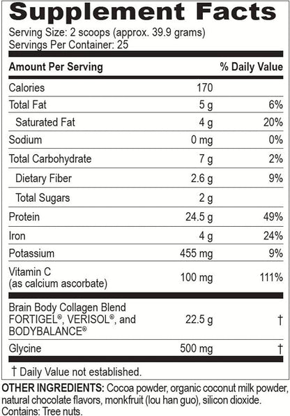 Brain Body Collagen Peptides Powder - Vital Protein & Collagen Supplement for Women & Men - Hydrolyzed Type I & III for Hair Skin, Nails & Joint Health - 25 Servings - Creamy Natural Chocolate - 997g