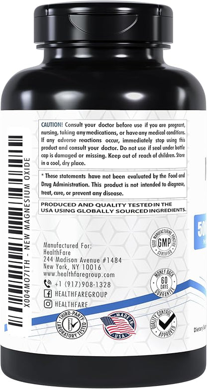 Magnesium Oxide 500mg | 240 Veg Capsules | High-Absorption Formula | Naturally Sourced | Made in The USA