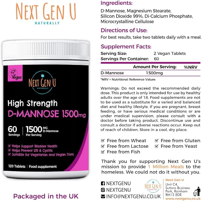 D Mannose - 1500 mg - Health Food & Dietary Supplement - 120 Vegan Caplets - May Help Support a Healthy Urinary Tract & Bladder - by NextGenU