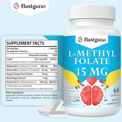 15mg L Methylfolate (5-MTHF)- Active Folic Acid-Enriched with Vitamins B6 and B12-60 Vegetarian Capsules - Non-GMO, Gluten-Free