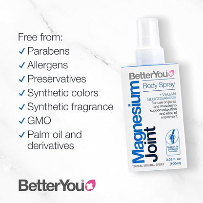 BetterYou Magnesium Joint Body Spray - Muscle Relief Spray - Topical Magnesium Chloride and Glucosamine - Cooling Menthol and Eucalyptus - 3.38 oz