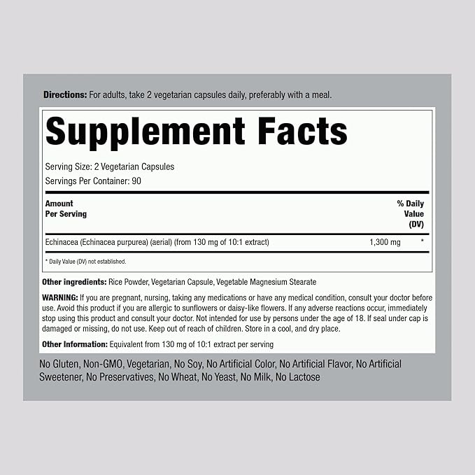 Piping Rock Echinacea Extract Capsules 1300mg | 180 Count | Herbal Supplement | Vegetarian, Gluten Free, Non-GMO