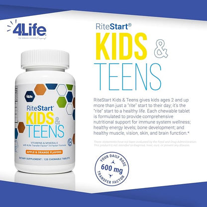 4Life RiteStart Kids and Teens- Apple, Orange Flavors, 22 Essential Vitamins, Minerals, Immune System and Brain Support Ages 2+ - 120 Chewable Tablets