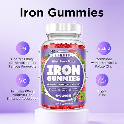 Iron Gummies for Women & Men - Iron Supplement with Vitamin B6, B12, C, Zinc, Folate for Adults & Kids - Support Iron Deficiency, Anemia, Energy Boost, Blood Builder - Sugar Free 60ct Mixed Berry