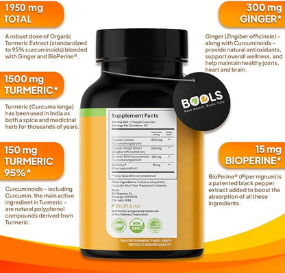Bools Turmeric Curcumin Supplement with BioPerine & Ginger, Turmeric Curcumin with Black Pepper 1950mg for Max Absorption Joint Support- Non-GMO Turmeric Supplement, Vegan, 240 Capsules