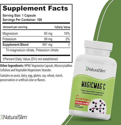 NaturalSlim Potassium Magnesium Supplement 100 Capsules – MagicMag C Magnesium Citrate Supplements for Sleep Support, Heart Health, and Muscle Cramp Relief | Gluten-Free 1 Pack