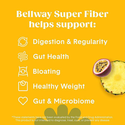 Bellway Super Fiber Powder + Fruit, Sugar Free Organic Psyllium Husk Powder Fiber Supplement for Regularity, Bloating Relief & Gut Health, Non-GMO, Plant-Based, Pineapple Passion Fruit (50 Servings)