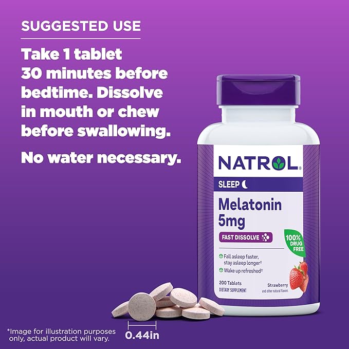 Natrol Melatonin 5mg Fast Dissolve Tablets, Sleep Support Supplements for Adults, Strawberry Flavor, 200 Tablets, Up to 200 Day Supply