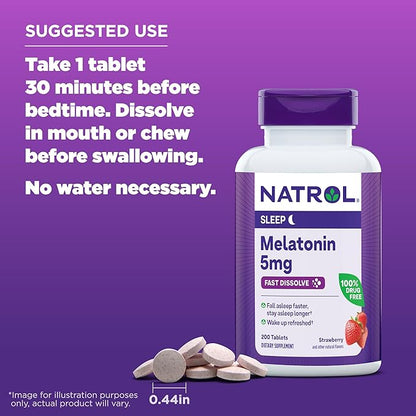 Natrol Melatonin 5mg Fast Dissolve Tablets, Sleep Support Supplements for Adults, Strawberry Flavor, 200 Tablets, Up to 200 Day Supply