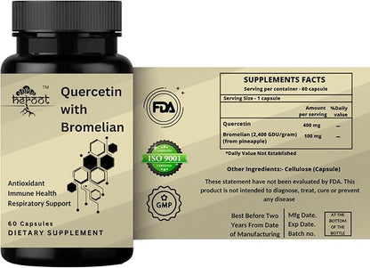 500mg Quercetin with Bromelain Capsules: Respiratory Support Non-GMO | Gluten Free | Supports Overall Health & Well Being (60 Capsules)