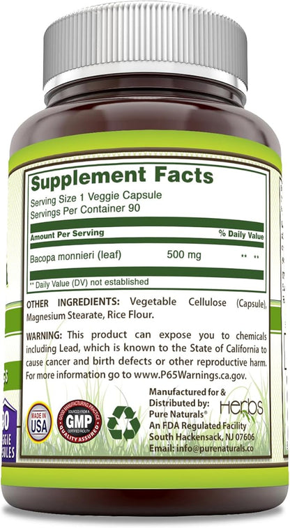 Pure Naturals Bacopa 500 mg 90 Veggie Capsules Supplement | Non-GMO | Gluten Free | Made in USA