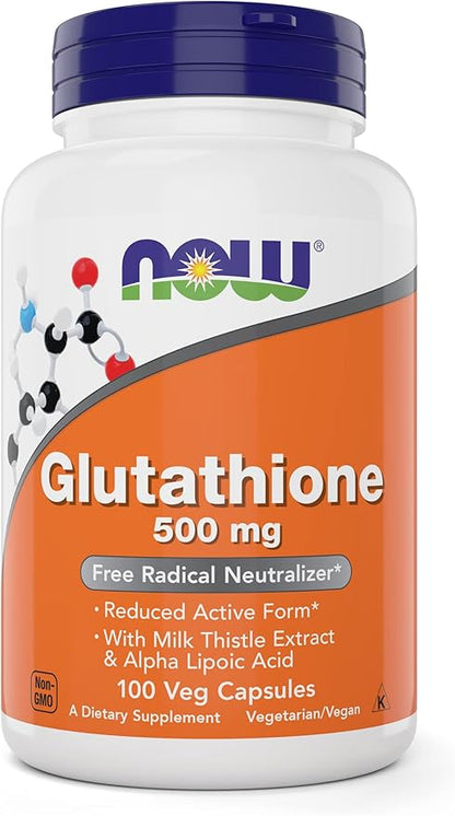 Now Glutathione 500 mg, 100 Vegan Capsules - Reduced Form GSH Supplement - Enhanced with Milk Thistle Extract and Alpha Lipoic Acid