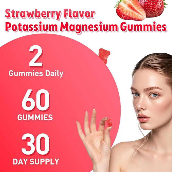 Potassium Magnesium Gummies for Men & Women, Potassium Magnesium Supplement for Leg Cramps, Muscle Health, & Electrolyte Balance, Strawberry Flavor, 60 Gummies