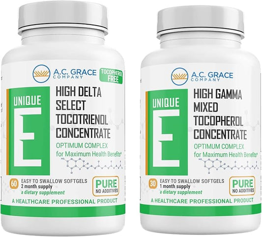 UNIQUE E A.C. Grace Company Mixed Tocopherols Concentrate Softgel 30 Count and Tocotrienols Tocopherol-Free Softgels 60 Count