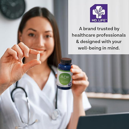 MD.LIFE A D K Vitamin Supplement - Vitamin D3 K2 and A - 90 Capsules - Bone Health and Heart Health Support – High Potency Vitamin ADK Supplement - ADK Complex