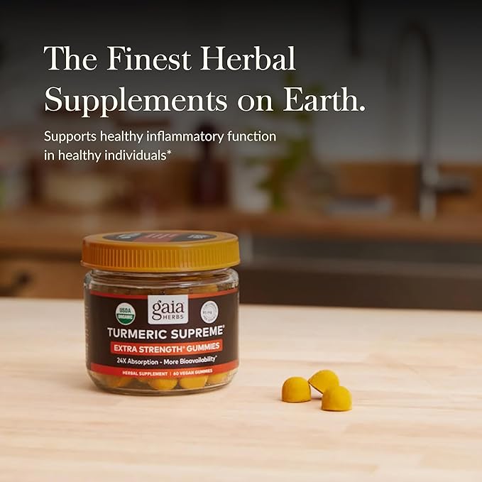 Gaia Herbs Turmeric Supreme Extra Strength Gummies - Supports Swelling Relief to Help Maintain an Active Lifestyle - Lemon Ginger Flavor - 60 Vegan Organic Gummies (20-Day Supply)