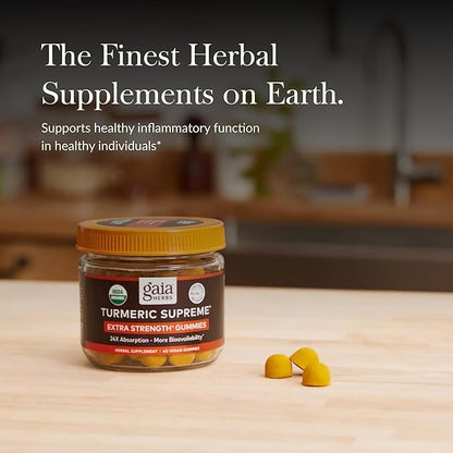 Gaia Herbs Turmeric Supreme Extra Strength Gummies - Supports Swelling Relief to Help Maintain an Active Lifestyle - Lemon Ginger Flavor - 60 Vegan Organic Gummies (20-Day Supply)