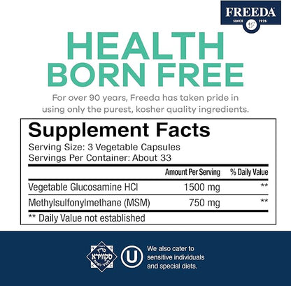 FREEDA Glucosamine MSM – Vegan Joint Flexibility & Mobility Supplement – Vegetarian Glucosamine Without Shellfish – Supports Joint Function – Third-Party Tested – (250 Capsules)