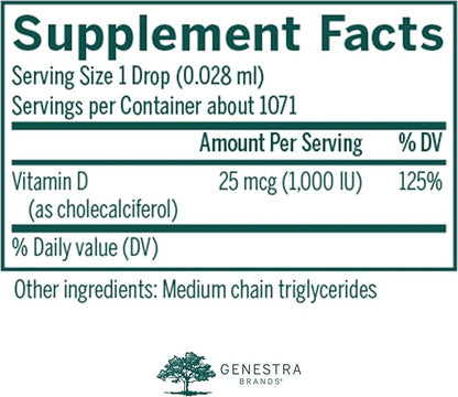 Genestra Brands D3 1000 Drops | Liquid Vitamin D Supplement | 1 fl. oz.