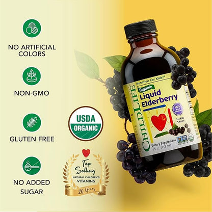 CHILDLIFE Essentials Organic Elderberry Syrup for Kids - Liquid Elderberry for Toddlers, Elderberry Extract Drops, Tincture for Babies, Toddlers, Children - 4 Fl Oz