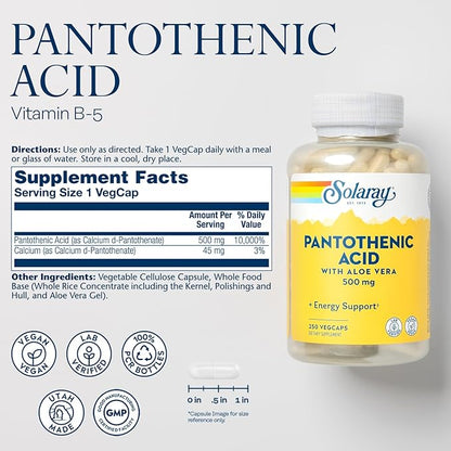 SOLARAY Pantothenic Acid 500mg - Vitamin B 5 - B Vitamin for Coenzyme-A Production, Energy Metabolism, Digestive Health, Hair Health, Skin and Nails Support - Vegan, 60-Day Guarantee - 250 VegCaps