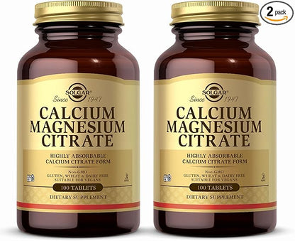 Solgar Calcium Magnesium Citrate - 100 Tablets, Pack of 2 - Non-GMO, Vegan, Gluten Free, Kosher - 40 Total Servings