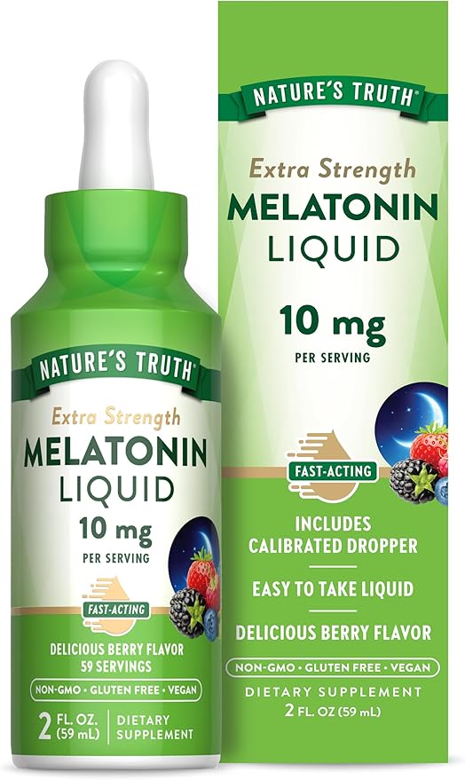 Nature's Truth Melatonin Liquid | 10 mg | 2 Fl oz Maximum Strength for Adults | Berry Flavor | Vegetarian, Non-GMO, & Gluten Free Supplement