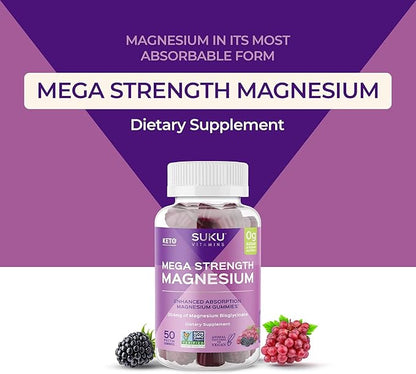 Mega Strength Magnesium - 177 mg of Magnesium Bisglycinate Gummies for Muscle Function - Easy to Chew - Non GMO, Gluten Sugar Free - Grape BlackBerry Flavored Gummy Vitamins (50 Count)