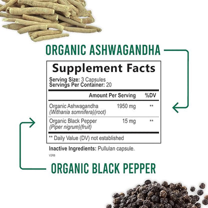 Organic Ashwagandha 1,950 mg - Extra Strength Unwind, Calm & Relax Support with BioPerine - Natural Focus & Energy Support Supplement - Nature's Non-GMO, Vegan, Gluten Free - 60 Capsules