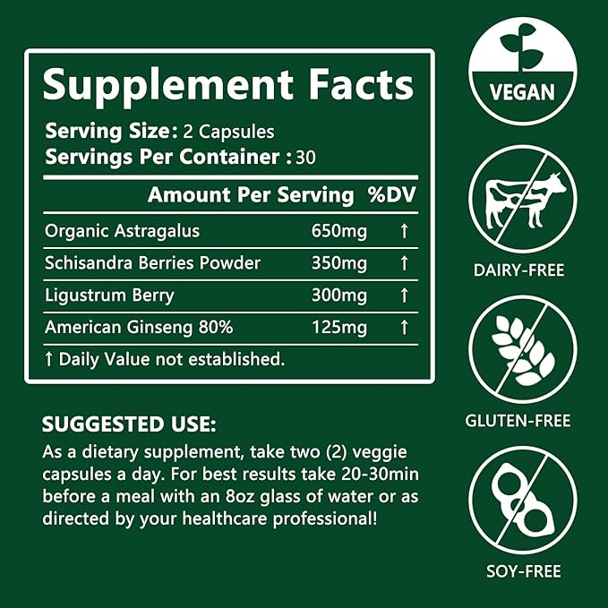 Astragalus Root Organic Extract 650mg, Schisandra Berries, Ligustrum Berry, 80% American Ginseng, Immune System Antioxidants Supports, Healthy Aging, Made in USA