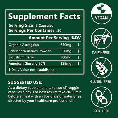 Astragalus Root Organic Extract 650mg, Schisandra Berries, Ligustrum Berry, 80% American Ginseng, Immune System Antioxidants Supports, Healthy Aging, Made in USA