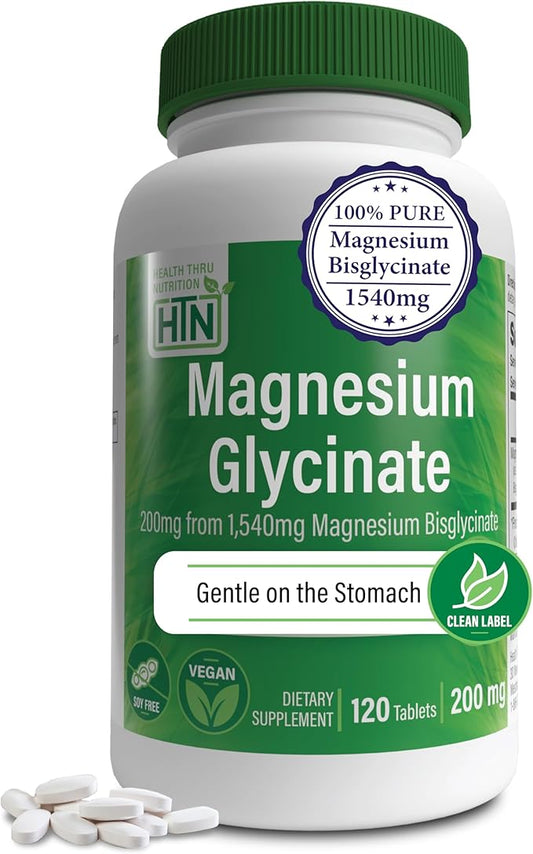 Magnesium Glycinate 200mg 120 Tablets | Fully Reacted Pure Magnesium Bisglycinate 1,540mg | High Absorption, Gentle on Stomach, Supports Relaxation & Nerve Function | Non-GMO by Health Thru Nutrition